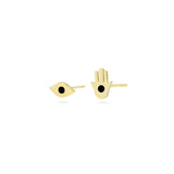 Hamsa Hand & Evil Eye Stud Earrings in 18k Yellow Gold