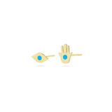 Hamsa Hand & Evil Eye Stud Earrings in 18k Yellow Gold